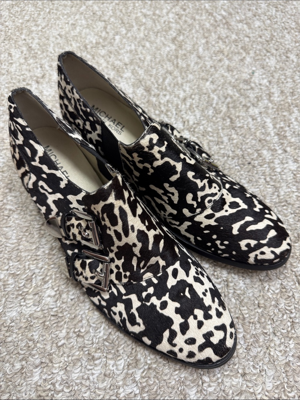 Michael Kors Black & White Patterned Leather Double Monk Strap Shoes